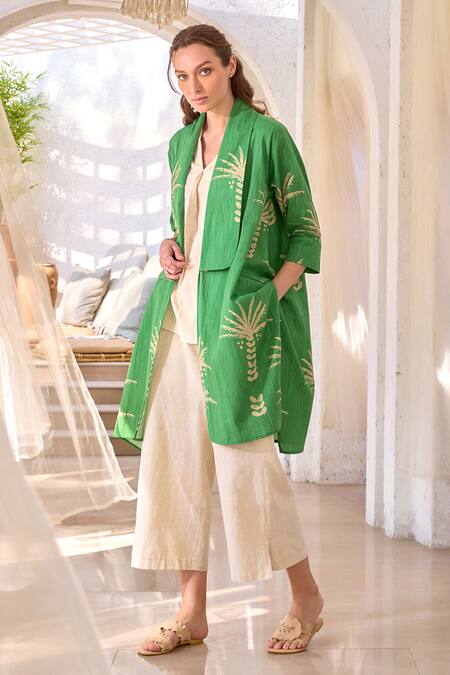 Buy_House Of Fett_Green Cotton Collared Palm Island Print Overlay Jacket Pant Set _Online_at_Aza_Fashions