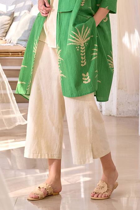 Shop_House Of Fett_Green Cotton Collared Palm Island Print Overlay Jacket Pant Set _Online_at_Aza_Fashions