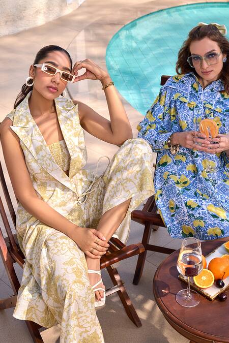 House Of Fett_Yellow Cotton, Linen Embroidery Adele Vintage Fleur Print Jacket Pant Set _at_Aza_Fashions