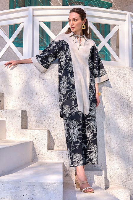 Buy House Of Fett Black Cotton Embroidery Collared Cedrus Blossom Print Panelled Tunic With Pant Online at Aza Fashions Buy_House Of Fett_Black Cotton Embroidery Collared Cedrus Blossom Print Panelled Tunic With Pant _Online_at_Aza_Fashions