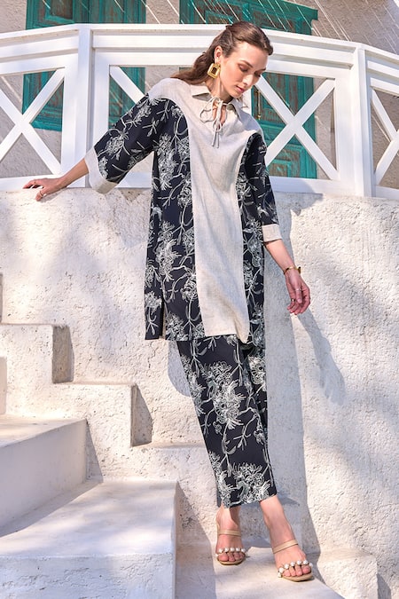 Shop House Of Fett Black Cotton Embroidery Collared Cedrus Blossom Print Panelled Tunic With Pant Online at Aza Fashions Shop_House Of Fett_Black Cotton Embroidery Collared Cedrus Blossom Print Panelled Tunic With Pant _Online_at_Aza_Fashions