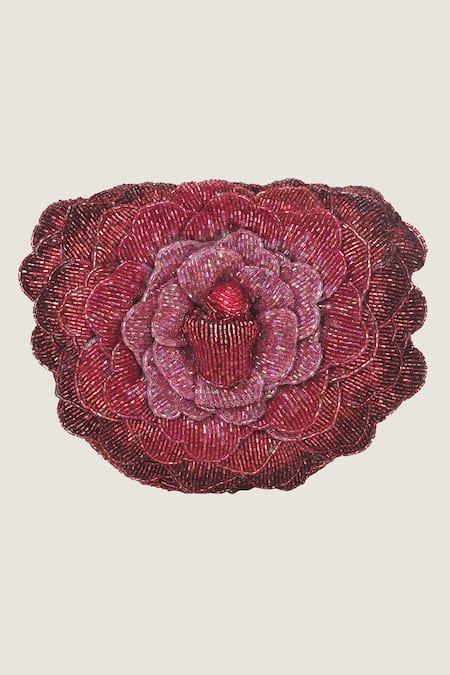 Shop_Doux Amour_Red Embroidery, Beads Mini Clutch _at_Aza_Fashions