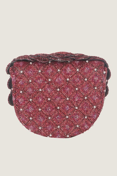 Doux Amour_Red Embroidery, Beads Mini Clutch _Online_at_Aza_Fashions