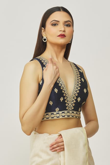 Buy_Samyukta Singhania_Blue Silk Embroidery Plunge Neck Flower Sleeveless Blouse _Online_at_Aza_Fashions