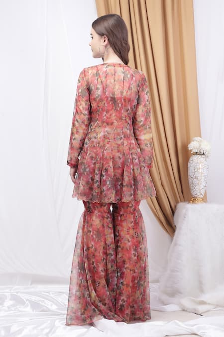 House Of Tushaom Botanical Print Panelled Kurta Sharara Set 