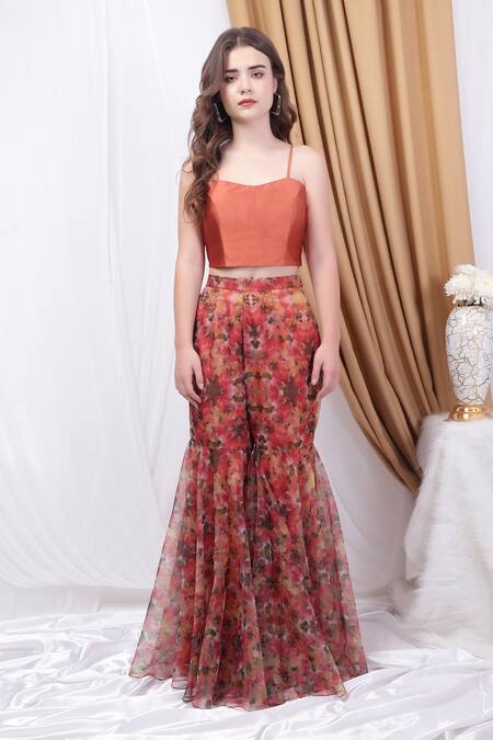 House Of Tushaom_Orange Organza Beads, Sequins Botanical Print Panelled Kurta Sharara Set _Online_at_Aza_Fashions