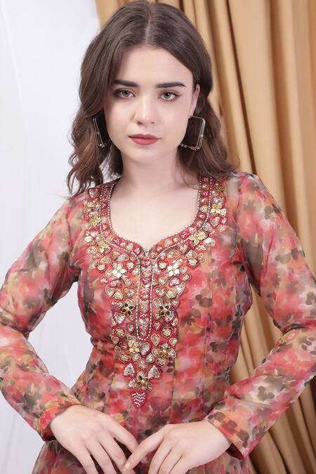 Buy_House Of Tushaom_Orange Organza Beads, Sequins Botanical Print Panelled Kurta Sharara Set _Online_at_Aza_Fashions