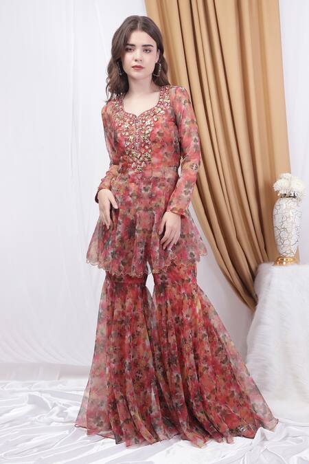 Shop_House Of Tushaom_Orange Organza Beads, Sequins Botanical Print Panelled Kurta Sharara Set _Online_at_Aza_Fashions