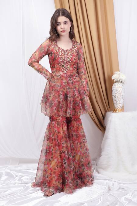 House Of Tushaom_Orange Organza Beads, Sequins Botanical Print Panelled Kurta Sharara Set _at_Aza_Fashions