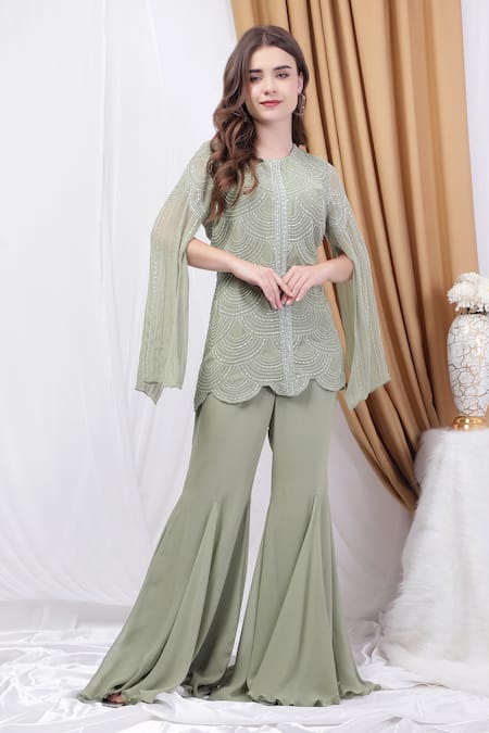 House of Tushaom Hand Embroidered Scalloped Hem Kurta With Flared Pant 