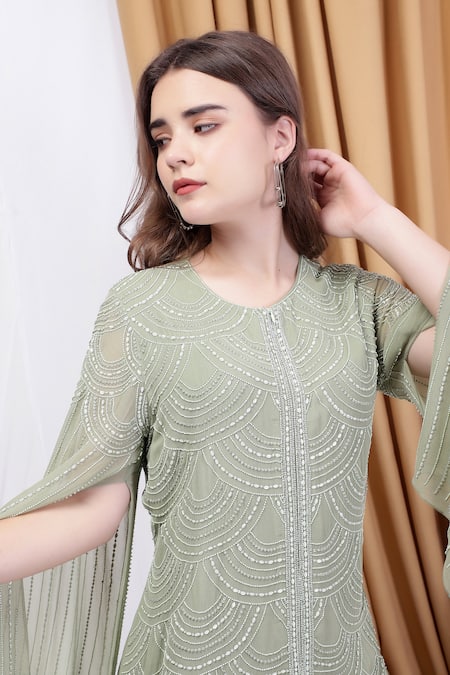 Shop_House Of Tushaom_Green Georgette Cut Work, Hand Embroidered Scalloped Hem Kurta With Flared Pant _Online_at_Aza_Fashions