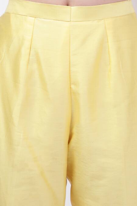 House Of Tushaom_Yellow Chanderi, Cotton Lace, Embroidery Round Neck Straight Kurta With Pant _Online_at_Aza_Fashions