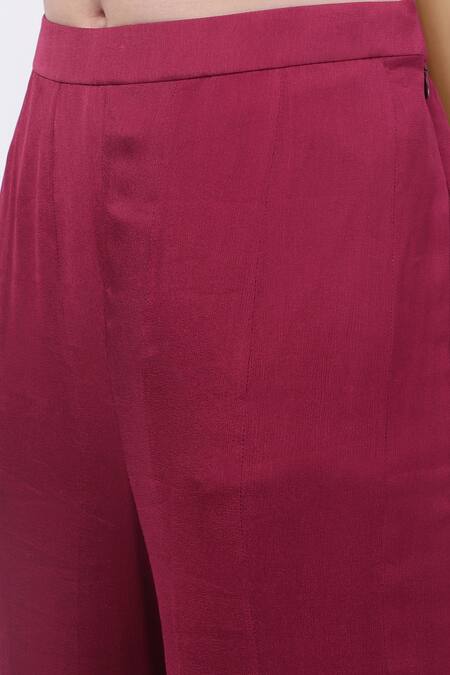 House Of Tushaom_Wine Chiffon Embroidery Round Neck Peplum Kurta With Flared Pant _Online_at_Aza_Fashions