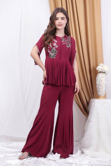 Buy_House Of Tushaom_Wine Chiffon Embroidery Round Neck Peplum Kurta With Flared Pant _Online_at_Aza_Fashions