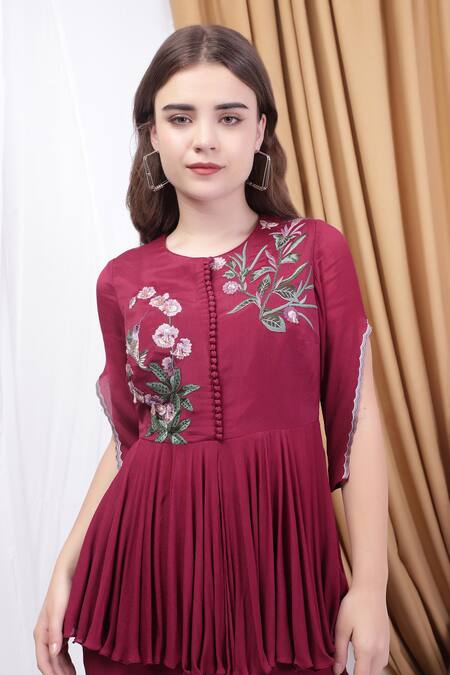 Shop_House Of Tushaom_Wine Chiffon Embroidery Round Neck Peplum Kurta With Flared Pant _Online_at_Aza_Fashions