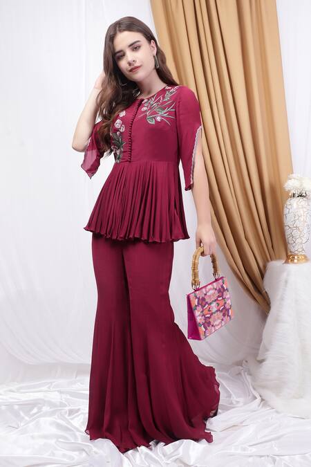 House Of Tushaom_Wine Chiffon Embroidery Round Neck Peplum Kurta With Flared Pant _at_Aza_Fashions