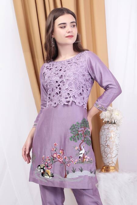 Shop_House Of Tushaom_Purple Chanderi, Cotton Embroidery Round Applique Work Straight Kurta With Pant _Online_at_Aza_Fashions