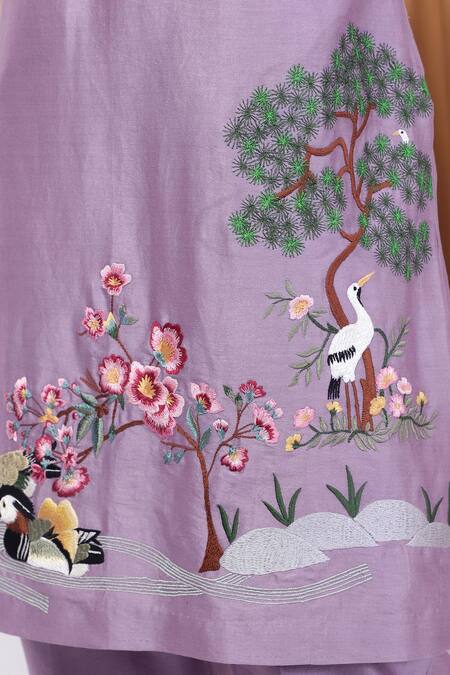 House Of Tushaom_Purple Chanderi, Cotton Embroidery Round Applique Work Straight Kurta With Pant _at_Aza_Fashions