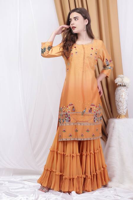 House Of Tushaom_Yellow Organza, Chanderi, Georgette Sequins, Ombre Straight Kurta Gharara Set _Online_at_Aza_Fashions