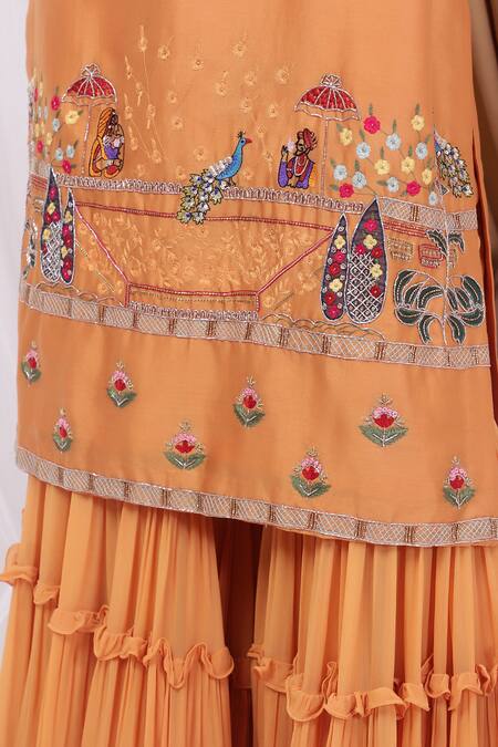 Shop_House Of Tushaom_Yellow Organza, Chanderi, Georgette Sequins, Ombre Straight Kurta Gharara Set _Online_at_Aza_Fashions