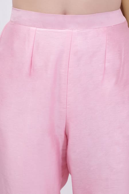 House Of Tushaom_Pink Chanderi, Cotton Lace, Embroidery Round Neck Kurta With Pant _Online_at_Aza_Fashions