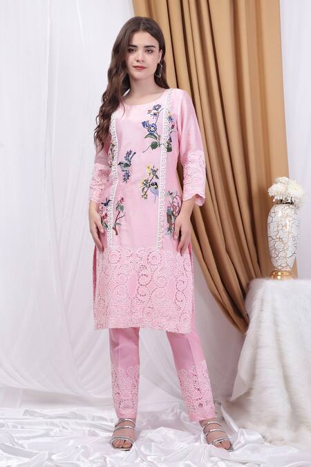 Buy_House Of Tushaom_Pink Chanderi, Cotton Lace, Embroidery Round Neck Kurta With Pant _Online_at_Aza_Fashions