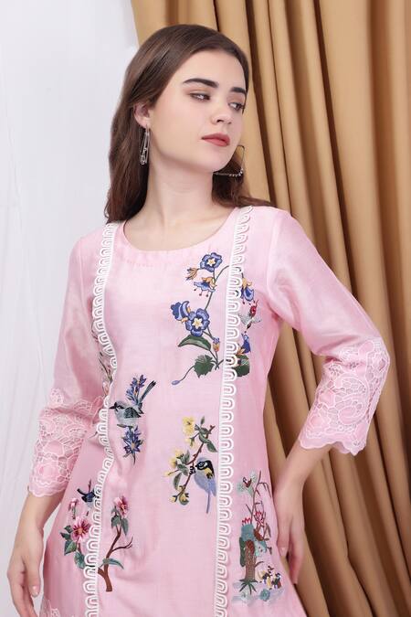 Shop_House Of Tushaom_Pink Chanderi, Cotton Lace, Embroidery Round Neck Kurta With Pant _Online_at_Aza_Fashions