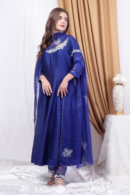 House Of Tushaom_Blue Organza, Chanderi Cut Work, Beads Floral Embroidered Anarkali Pant Set_at_Aza_Fashions