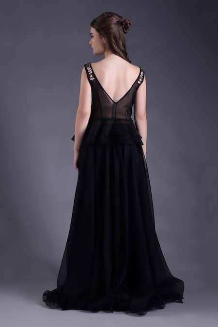 House Of Tushaom Black Botanical Sequin Peplum Kurta Sharara Set 