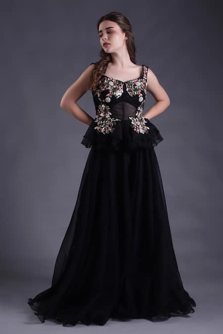 House Of Tushaom_Black Organza, Net Sequins, Embroidery Botanical Peplum Kurta Sharara Set _Online_at_Aza_Fashions