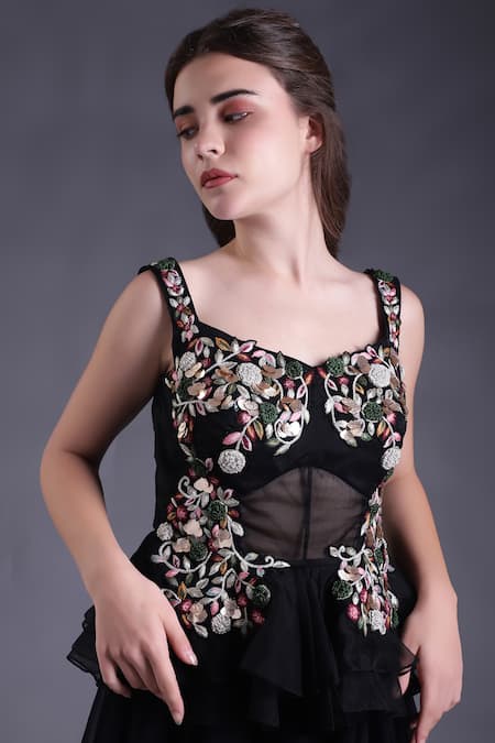 Buy_House Of Tushaom_Black Organza, Net Sequins, Embroidery Botanical Peplum Kurta Sharara Set _Online_at_Aza_Fashions