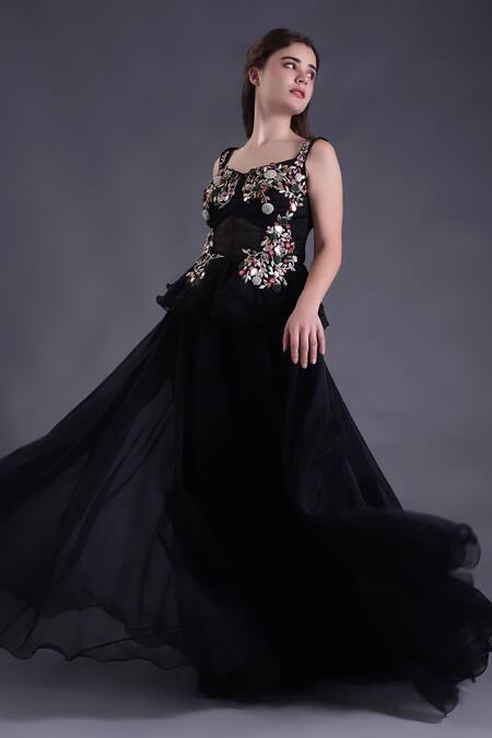 Shop_House Of Tushaom_Black Organza, Net Sequins, Embroidery Botanical Peplum Kurta Sharara Set _Online_at_Aza_Fashions