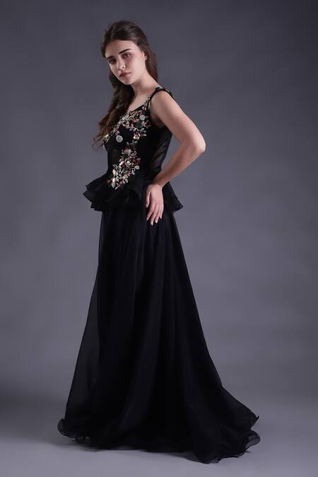 House Of Tushaom_Black Organza, Net Sequins, Embroidery Botanical Peplum Kurta Sharara Set _at_Aza_Fashions