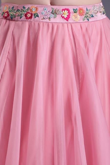 House Of Tushaom_Pink Satin, Organza Sequins, Beads, Tassels, Floral Motif Lehenga Set _Online_at_Aza_Fashions