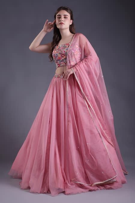Buy_House Of Tushaom_Pink Satin, Organza Sequins, Beads, Tassels, Floral Motif Lehenga Set _Online_at_Aza_Fashions