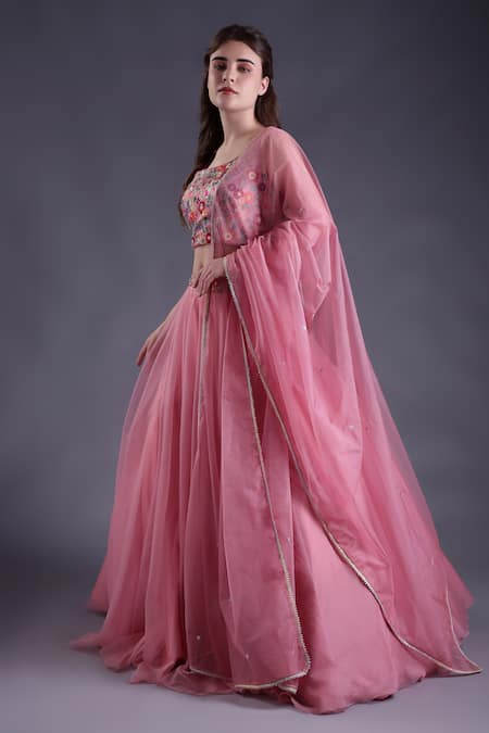 Shop_House Of Tushaom_Pink Satin, Organza Sequins, Beads, Tassels, Floral Motif Lehenga Set _Online_at_Aza_Fashions