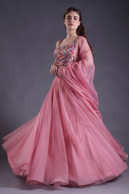 House Of Tushaom_Pink Satin, Organza Sequins, Beads, Tassels, Floral Motif Lehenga Set _at_Aza_Fashions