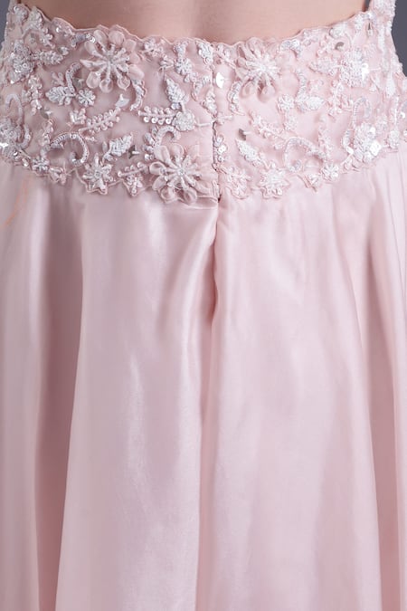 House Of Tushaom_Pink Organza, Satin Sequins, Beads, Embroidery Round Floral Cape Sharara Set _Online_at_Aza_Fashions