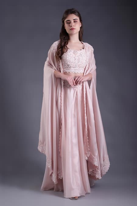 Buy_House Of Tushaom_Pink Organza, Satin Sequins, Beads, Embroidery Round Floral Cape Sharara Set _Online_at_Aza_Fashions
