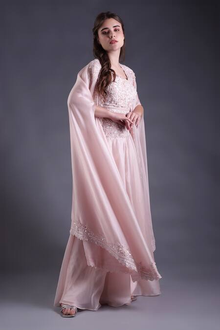 Shop_House Of Tushaom_Pink Organza, Satin Sequins, Beads, Embroidery Round Floral Cape Sharara Set _Online_at_Aza_Fashions