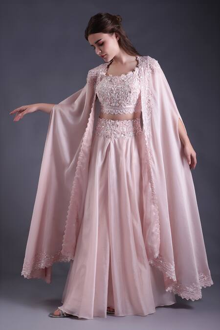 House Of Tushaom_Pink Organza, Satin Sequins, Beads, Embroidery Round Floral Cape Sharara Set _at_Aza_Fashions