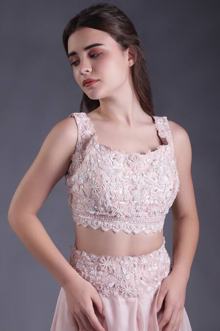 Buy_House Of Tushaom_Pink Organza, Satin Sequins, Beads, Embroidery Round Floral Cape Sharara Set 