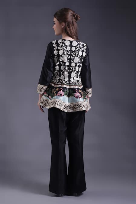 House Of Tushaom Floral Embroidered Peplum Tunic With Flared Pant 