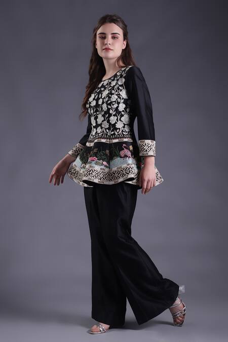 House Of Tushaom_Black Chanderi Cut Work, Embroidery Round Floral Peplum Tunic With Flared Pant _Online_at_Aza_Fashions