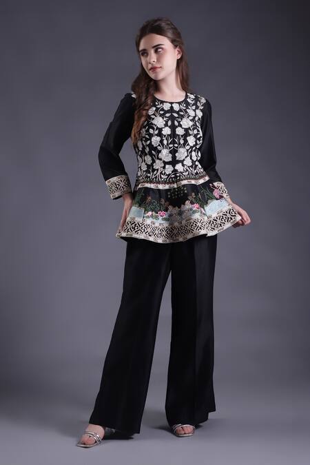 Buy_House Of Tushaom_Black Chanderi Cut Work, Embroidery Round Floral Peplum Tunic With Flared Pant _Online_at_Aza_Fashions