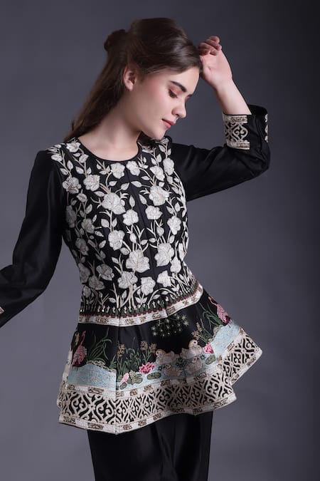 Shop_House Of Tushaom_Black Chanderi Cut Work, Embroidery Round Floral Peplum Tunic With Flared Pant _Online_at_Aza_Fashions