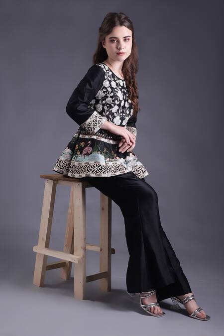 House Of Tushaom_Black Chanderi Cut Work, Embroidery Round Floral Peplum Tunic With Flared Pant _at_Aza_Fashions