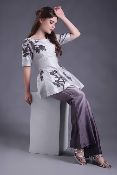 Shop_House Of Tushaom_Grey Chanderi Silk Embroidery, Applique Round Neck Work Kurta With Flared Pant _Online_at_Aza_Fashions