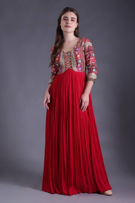 House Of Tushaom_Red Organza, Georgette Embroidered Yoke Anarkali With Scallop Hem Dupatta _Online_at_Aza_Fashions