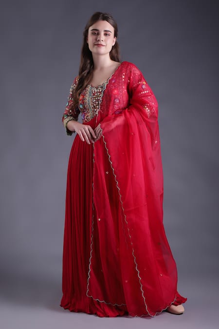 Buy_House Of Tushaom_Red Organza, Georgette Embroidered Yoke Anarkali With Scallop Hem Dupatta _Online_at_Aza_Fashions